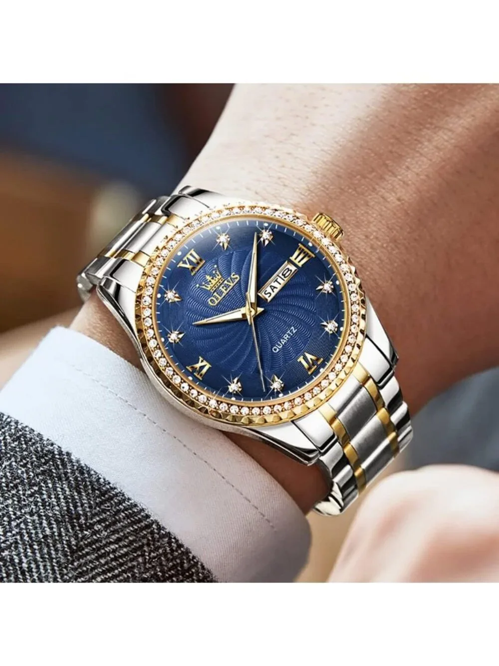 Men's Gold Blue Big Dial Analog Quartz Stainless Steel Relojes Waterproof Watch